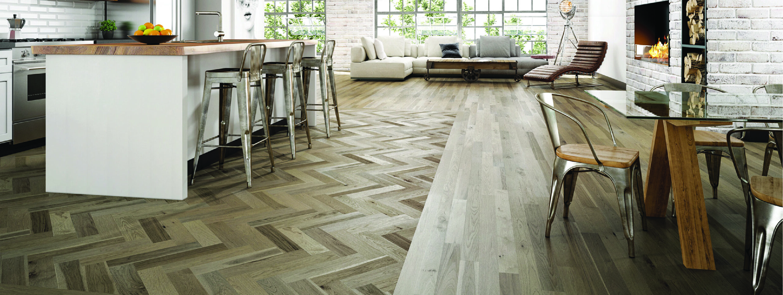 Herringbone wood floor in an open kitchen