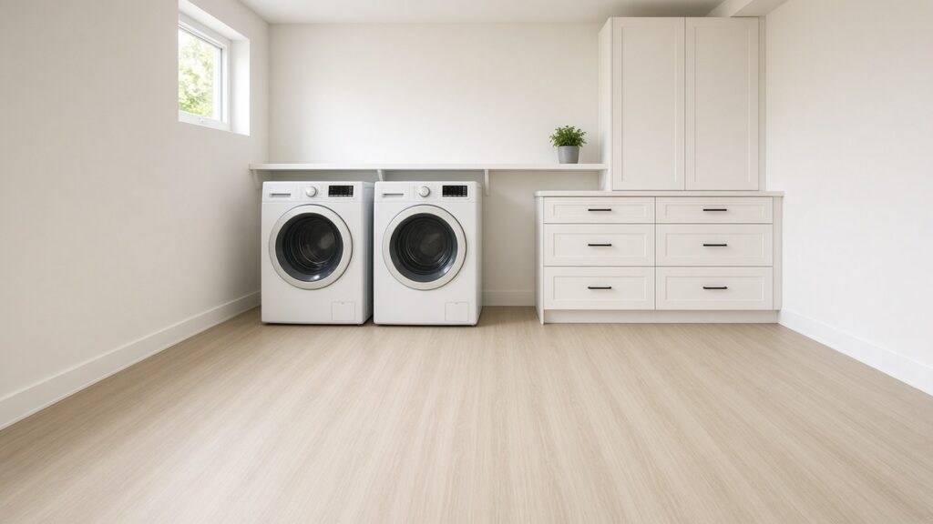 Basement laundry area with a seamless light wood-look sheet vinyl floor.