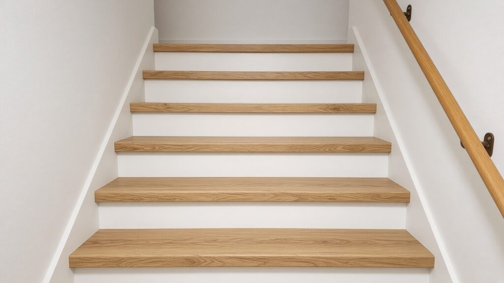 Basement stairs finished with wood-look vinyl plank and matching stair nosing.