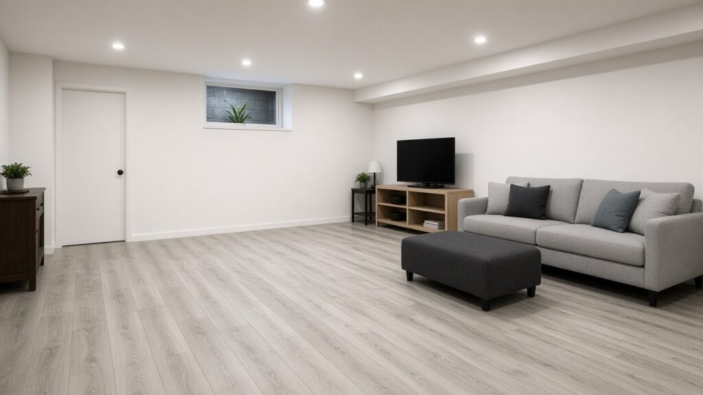 Finished basement family room with light grey vinyl plank flooring