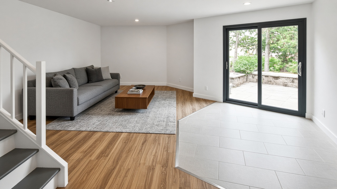 Finished basement family room with a light wood-look vinyl plank floor and grey porcelain tile at the walk-out door.
