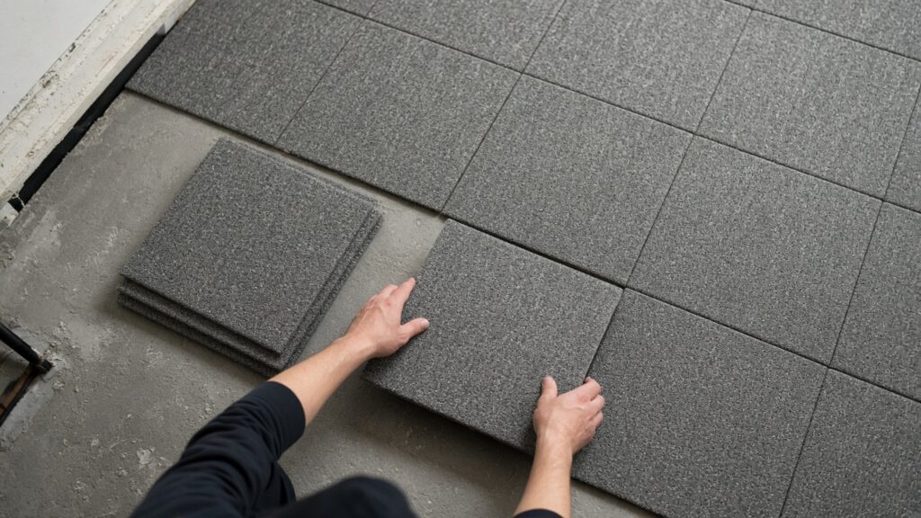 Square carpet tiles in a finished basement, with one tile lifted to show the backing.