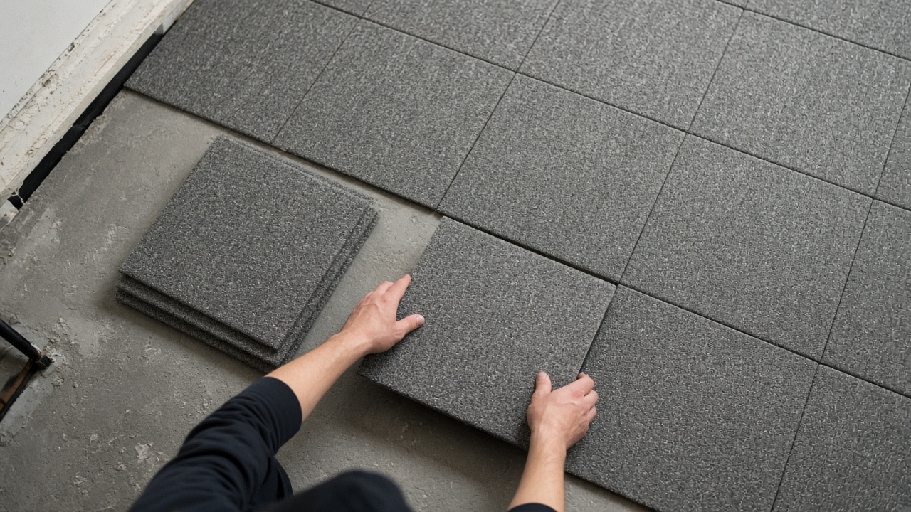 Square carpet tiles in a finished basement, with one tile lifted to show the backing.