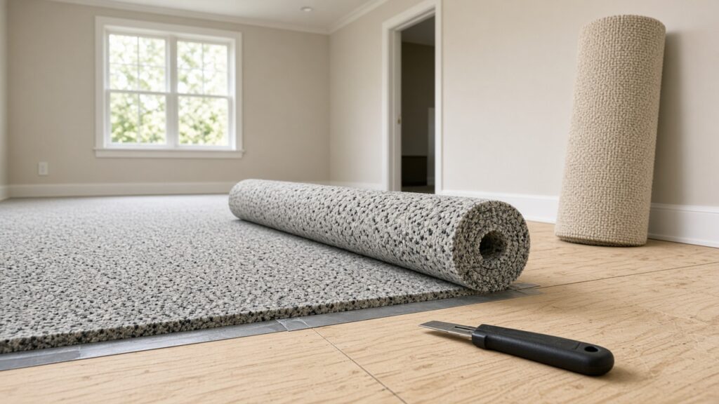 Roll of foam carpet underlay being laid out on a floor