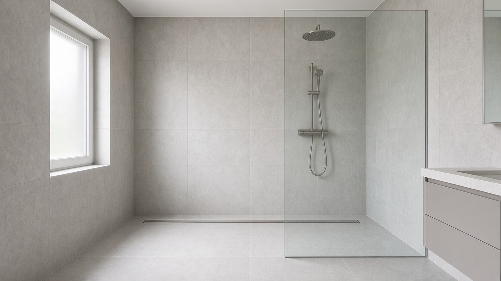 Curbless walk-in shower where the tiled bathroom floor runs level into the shower, with a linear drain along the back wall.