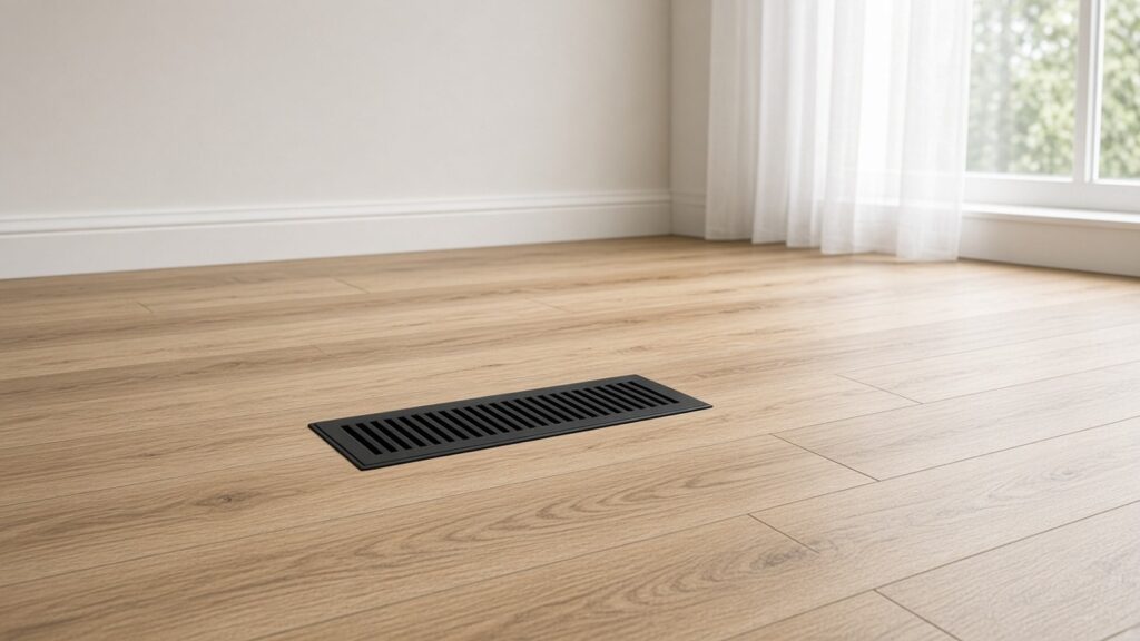 Slim black floor vent cover set into a light wood-look floor under a window.