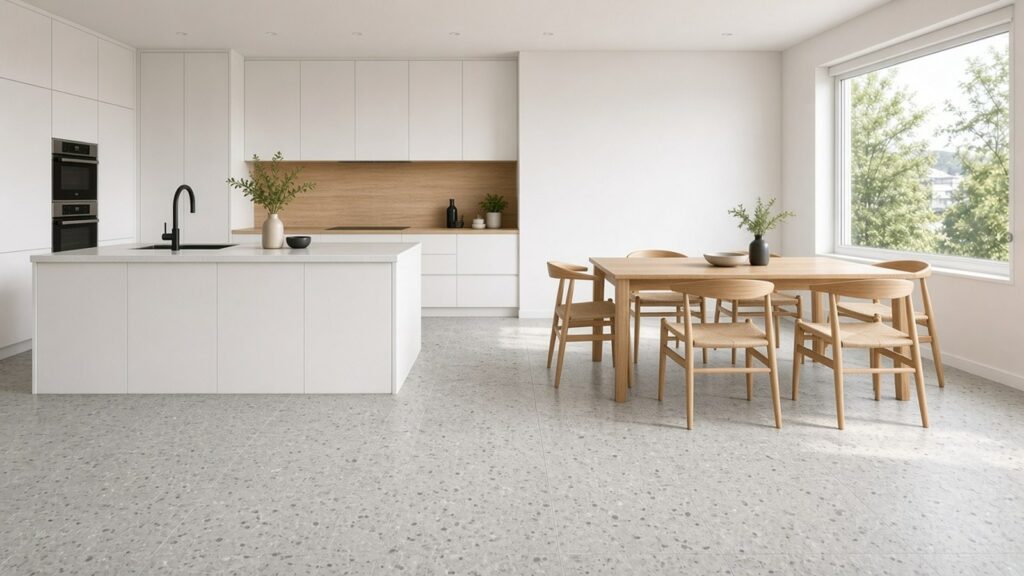 Open kitchen with a grey terrazzo-look porcelain tile floor in large square tiles.