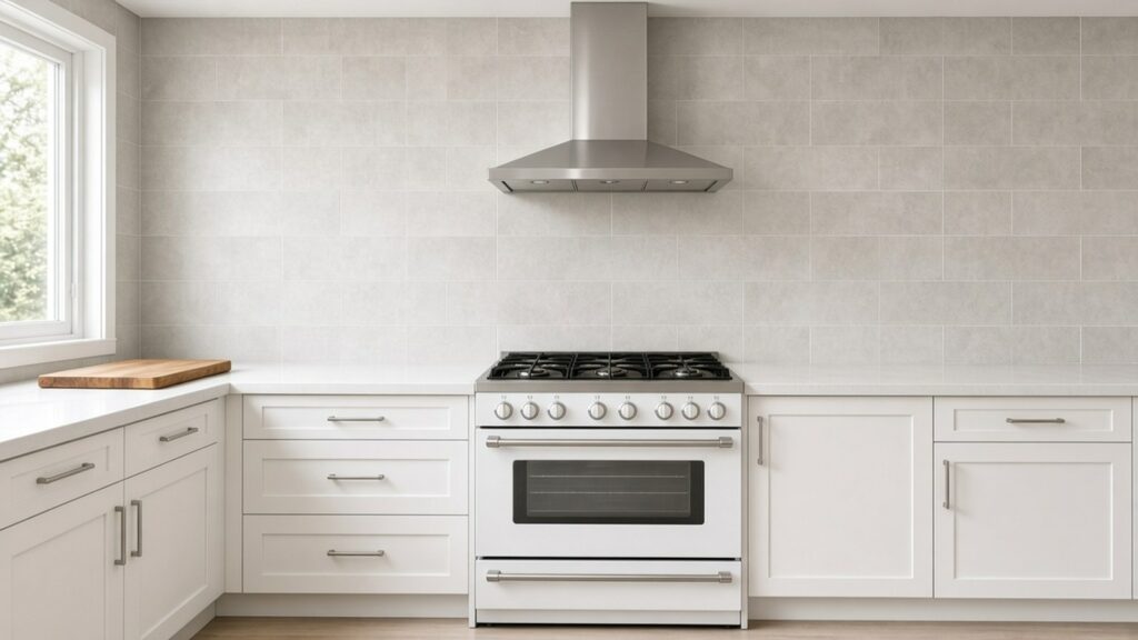 Kitchen stove in front of a backsplash of large light porcelain tiles that runs from the counter to the ceiling.