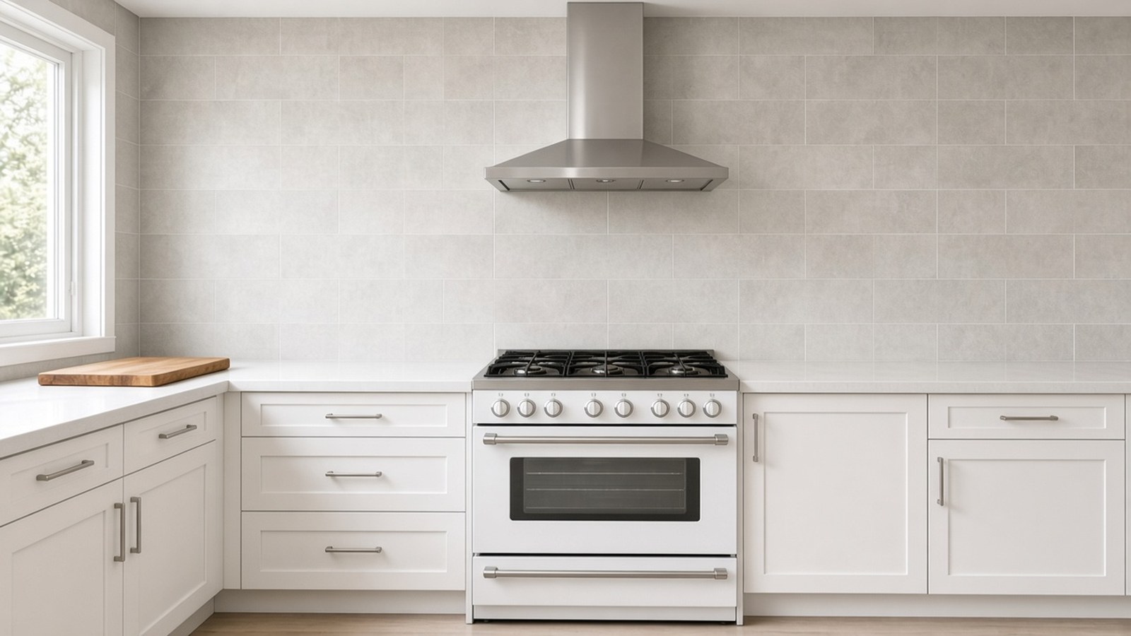 Kitchen stove in front of a backsplash of large light porcelain tiles that runs from the counter to the ceiling.