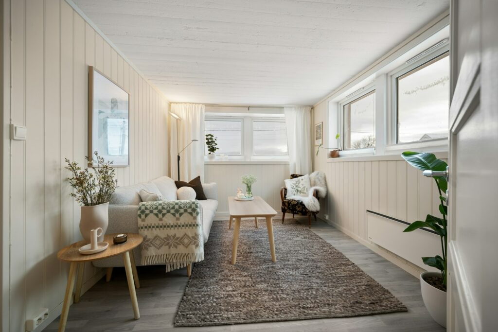 Bright living room with an area rug on a wood-look floor