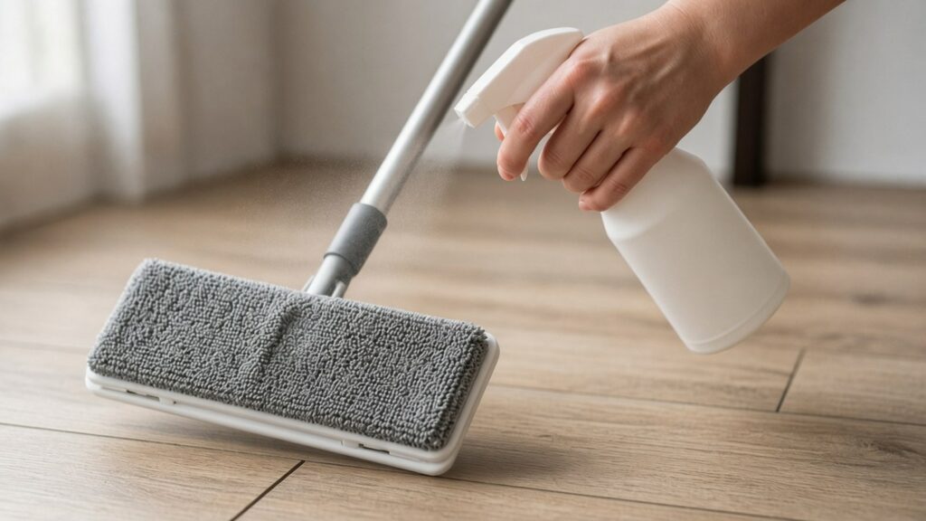 Cleaner sprayed onto a microfibre mop pad instead of directly on a laminate floor.