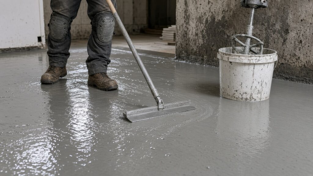 Fresh self-levelling underlayment spreading across a basement concrete floor.