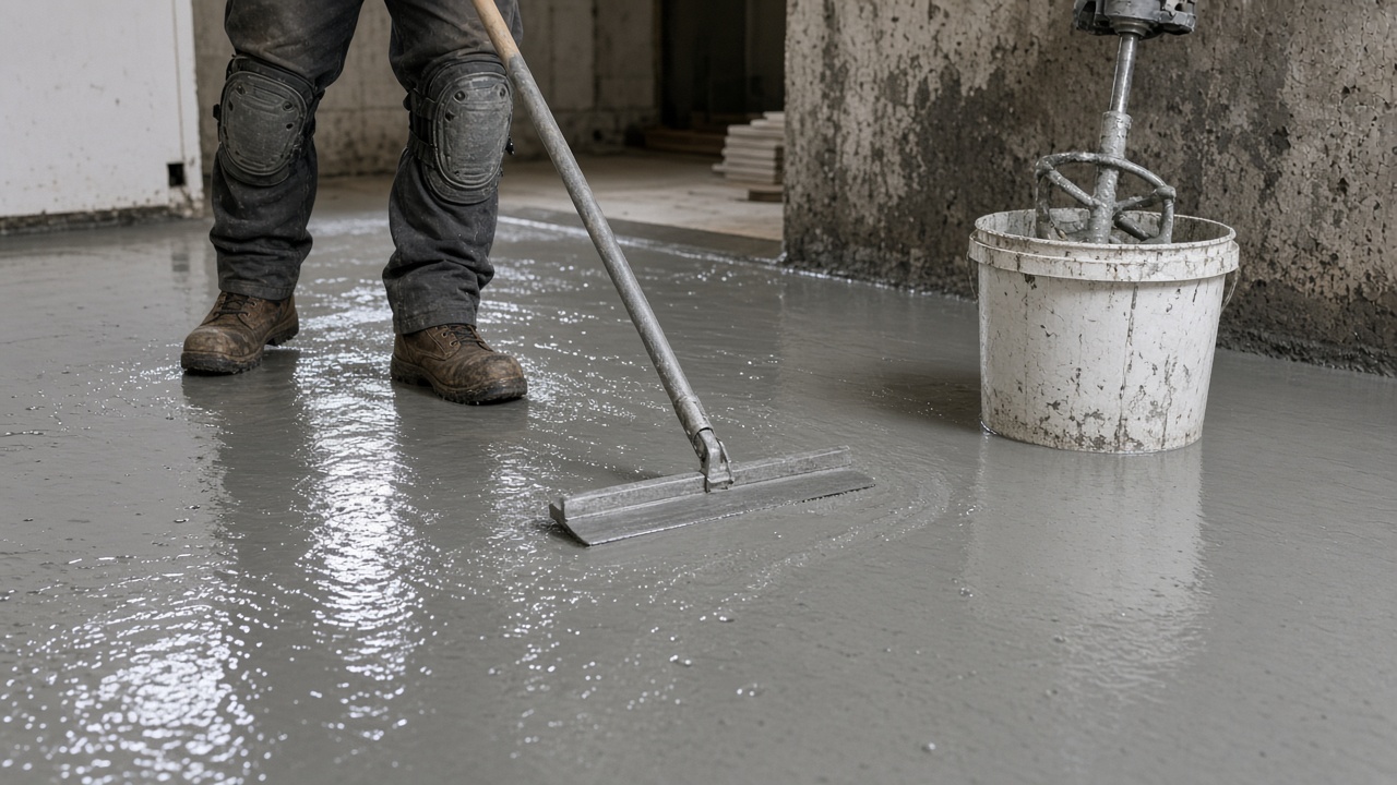 Fresh self-levelling underlayment spreading across a basement concrete floor.