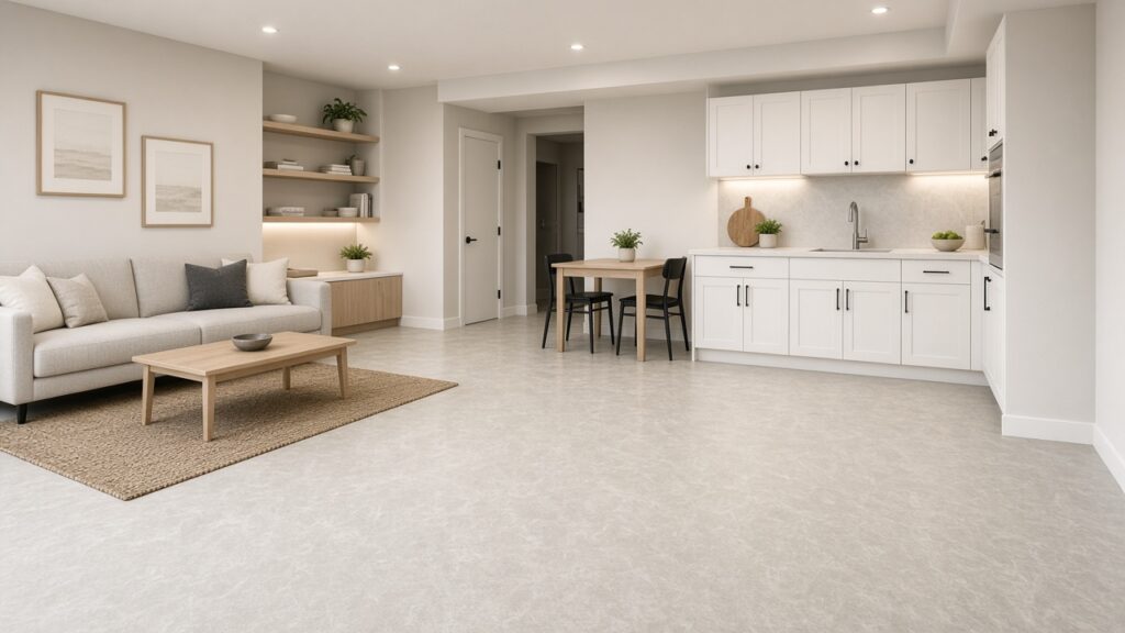 Finished basement kitchenette with a seamless marbled sheet linoleum floor