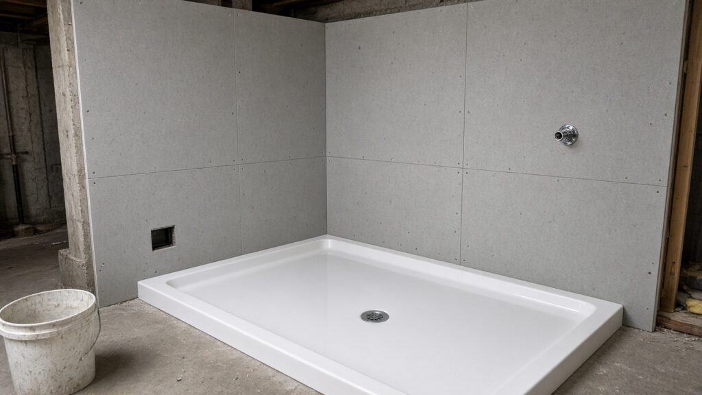 Prefabricated sloped shower base with a centre drain in a basement bathroom, ready for tile.