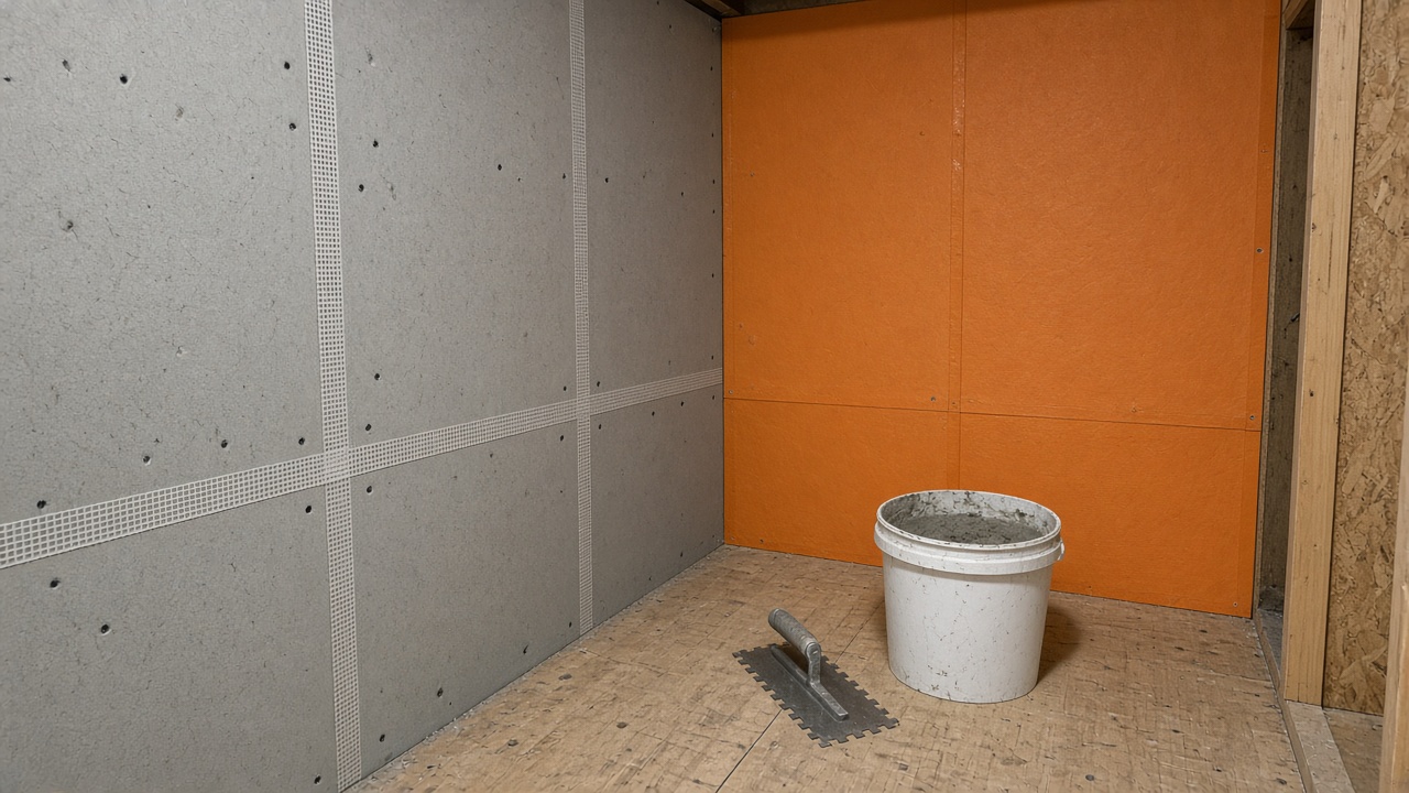 Basement shower under renovation: cement board on the side wall, an orange sheet waterproofing membrane on the back wall, a notched trowel and a pail of thin-set.