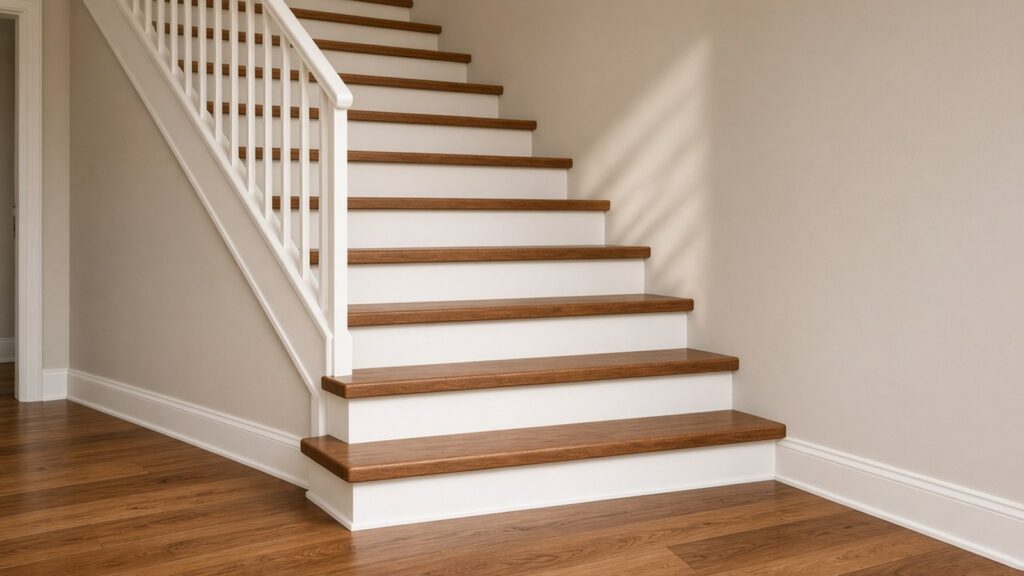 Wooden stairs stained to match a medium-brown hardwood floor, with matching nosing and trim.
