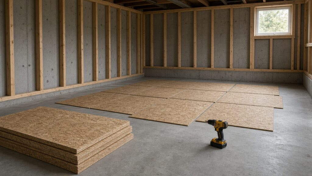 Plywood subfloor panels being laid over a concrete basement slab