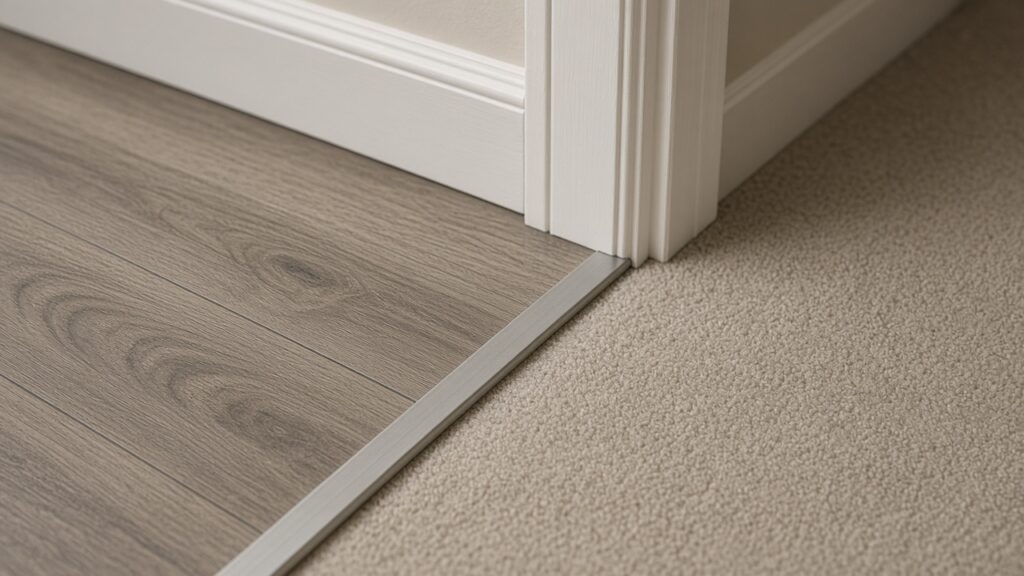 Aluminum transition strip where vinyl plank meets carpet in a basement doorway.
