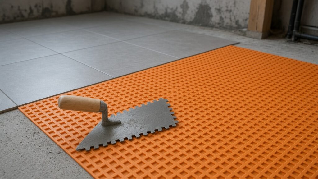 Orange uncoupling membrane on a basement floor with the first porcelain tile set on top.