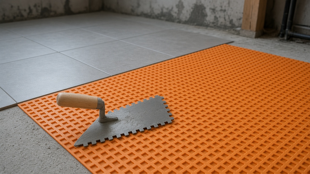 Orange uncoupling membrane on a basement floor with the first porcelain tile set on top.